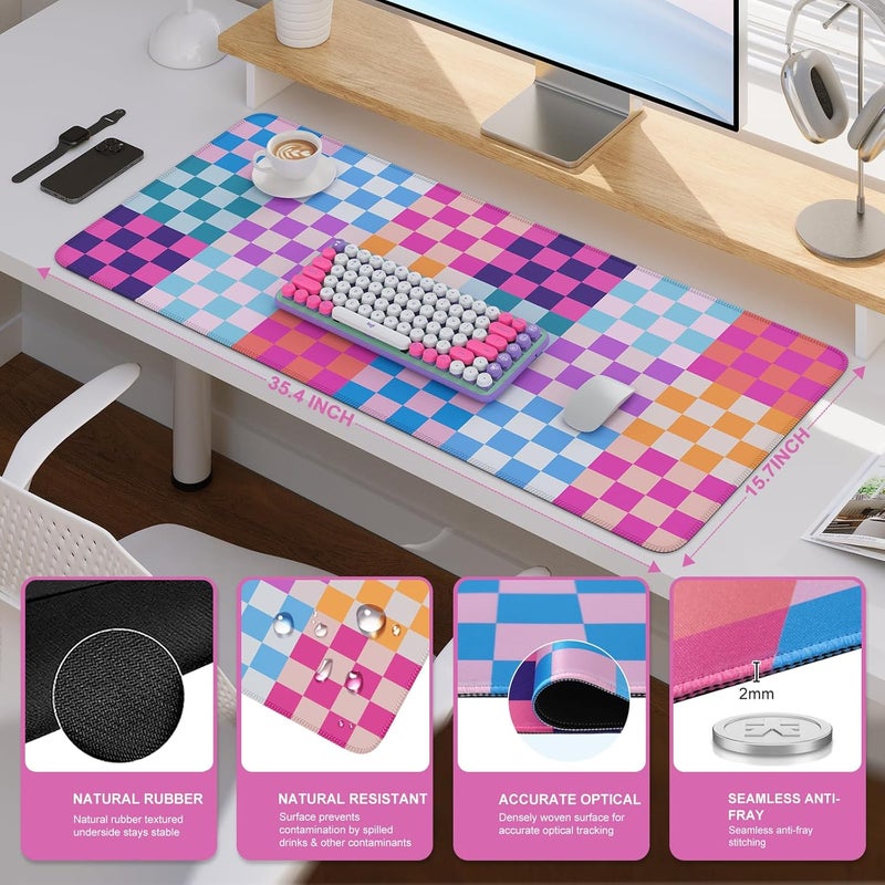 iCasso Desk Matt for Desktop, Cute Desk Pad Mat, XXL Large Mouse Pad, Anti-Slip Big Mousepad with Stitched Edges, Keyboard Pad Mouse Mat for Computer(Colour Checkered) - Image 2